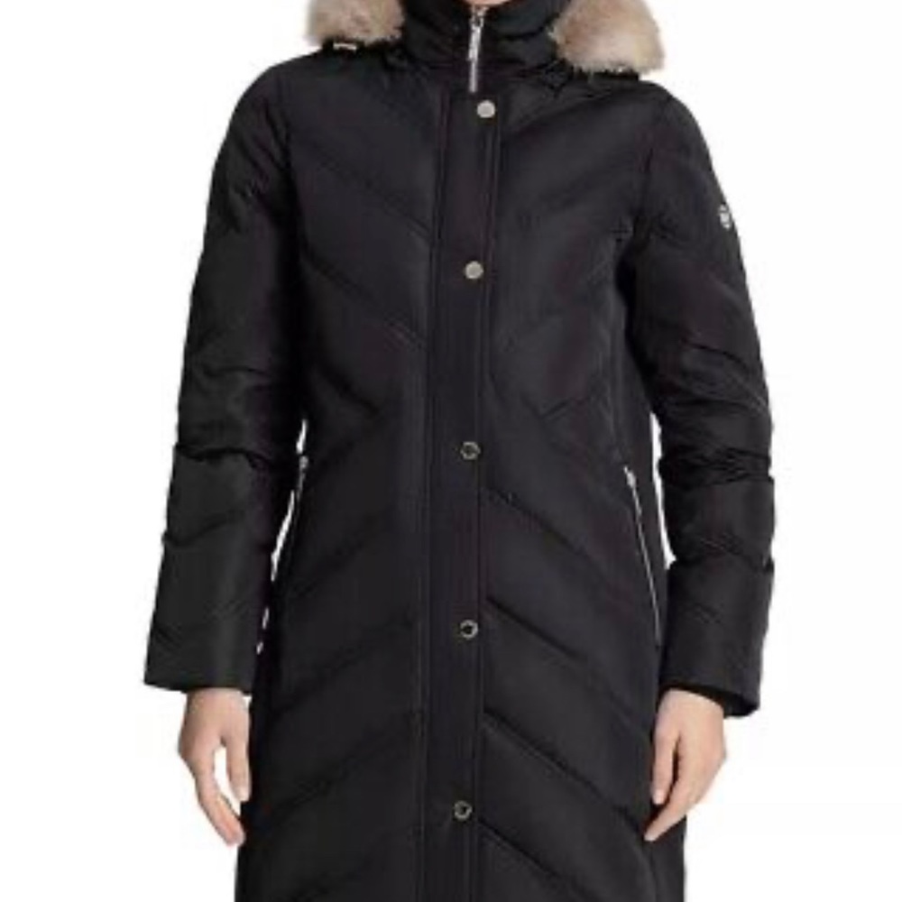 MICHAEL KORS Faux-Fur-Trim Hooded Chevron Down Puffer Coat, Black, Size M, NWT